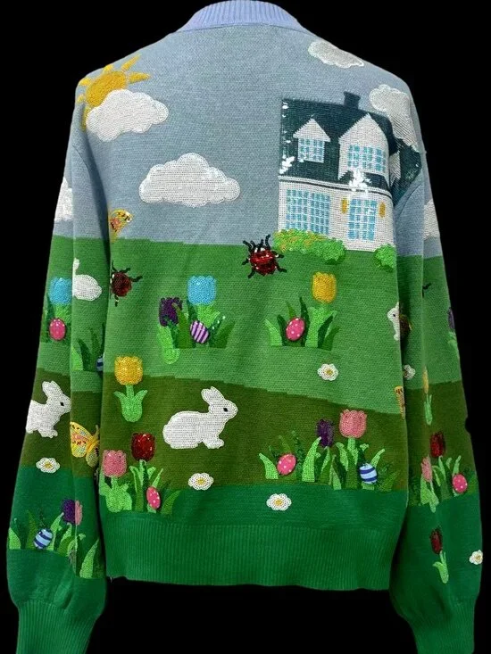 NWT Queen of Sparkles Multi Easter Bunnies & Eggs in Yard Scene Button Up Cardig - Picture 6 of 6